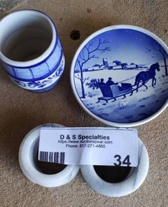 lot 34 image: Delft Blue Cup, Denmark WinterLandskab Plate, 2 Marble Napkin Rings