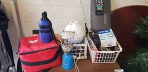 lot 135 image: Fishing and Misc. Items including shoe polishing kit, camping gaz lantern, Fishing pole, Cabelas Back Support, Fish Scale