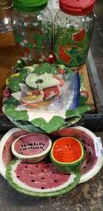 lot 151 image: Summer Dishware Lot includes watermelon bowls, platters and 2 Drink Pitchers with Spouts