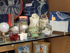lot 667 image: JEWELED GLASS TRINKET BOXES, SET OF 3 TIM COFFEY PLATES, BARBIE AQUARIUM, CANDLE HOLDER, AND MORE AS SHOWN.