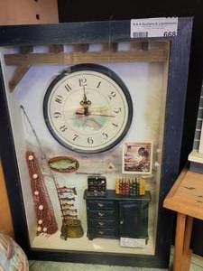 lot 668 image: FISHING THEMED SHADOW BOX WITH CLOCK IN STYLEDESIGN SHOWN.
