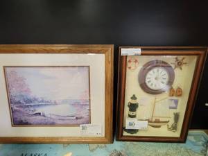 lot 680 image: NAUTICAL SHADOW BOX WITH CLOCK 12 X 16 AND FRAMED PASTEL LAKE SCENE 16 X 20 AS SHOWN.