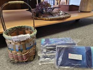 lot 693 image: NAUTICAL THEMED BASKET WITH CHECK BOOK COVERSHOLDERS AS SHOWN.