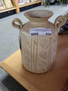 lot 698 image: VINTAGE CLAY POTTERY STYLE DOUBLE-HANDLE VASE IN STYLECOLOR SHOWN.