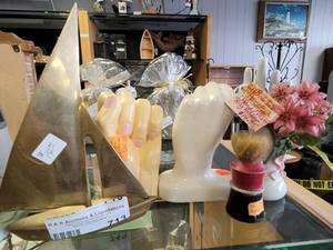 lot 713 image: BRASS SAILBOAT, PORCELAIN HAND RING HOLDERS AND MORE AS SHOWN.