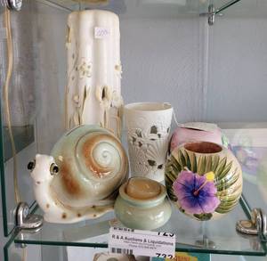 lot 732 image: CANDLEVOTIVE HOLDERS, SNAIL BANK AND MORE AS SHOWN.