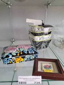 lot 739 image: CERAMIC TRINKET BOX, DESSERTAPPETIZER BOWLS BY CYNTHIA ROWLEY AND VINTAGE FRAMED FLORAL PICTURE AS SHOWN.
