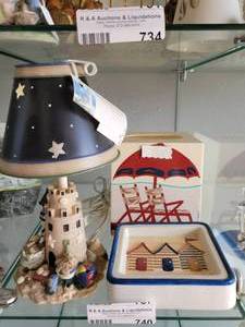 lot 740 image: BEACH THEME LAMP, TISSUE AND SOAP HOLDERS AS SHOWN.