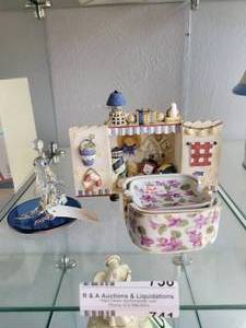 lot 741 image: NAUTICAL BEACH CLOSET FIGURINE, VINTAGE PORCELAIN SMALL PLATES WITH HOLDER AND MORE AS SHOWN.