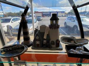 lot 765 image: CERAMIC LIGHTHOUSE TEALIGHT HOLDER, SOAP HOLDER, GLASS SHELL ORNAMENTS, SCULPTURE AND MORE AS SHOWN.