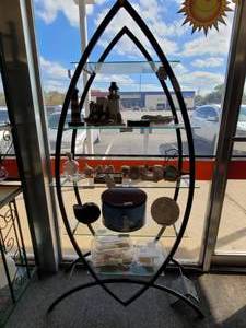 lot 769 image: METAL FRAME WITH GLASS SHELVES DISPLAY UNIT AS SHOWN.