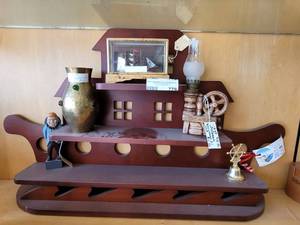 lot 779 image: NOAHS ARK WOOD DISPLAY, VINTAGE CERAMIC OIL LAMP WHURRICANE, BRASS JEWELED VASE, SHIP SHADOW BOX AND MOMRE AS SHOWN.