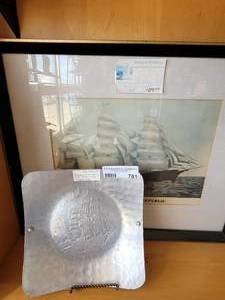 lot 781 image: VINTAGE CURRIER & IVES LITHOGRAPH CLIPPER SHIP, HAMMERED FORGED ALUMINUM TRAY WSHIP DESIGN.