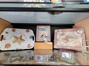 lot 791 image: GLASS CUTTING BOARD, SEABIRD, FRAMED ART AND MORE AS SHOWN.