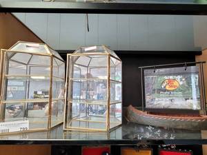lot 799 image: 2 VINTAGE STYLE GLASS CURIO CASES AND PHOTO ALBUM AS SHOWN.
