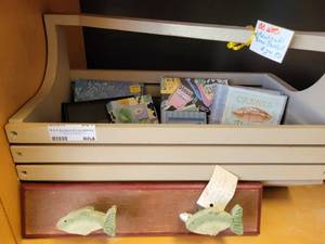 lot 804 image: NAUTICAL WOOD BASKET WITH VARIOUS STATIONARY AS SHOWN.