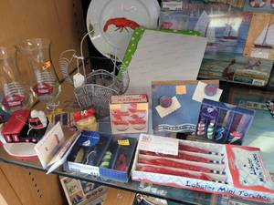 lot 812 image: BOARD, SPREADERS, DECOR AND MORE AS SHOWN.