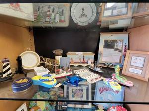 lot 817 image: GLASS STARFISH PAPERWEIGHT, CERAMIC SANDALS, WOOD SHIPSBOATS, AND MORE AS SHOWN.