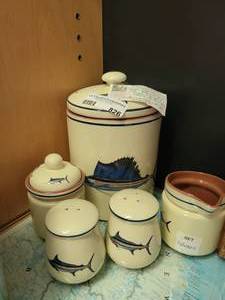 lot 826 image: RIVERS EDGE CERAMIC SET WITH SALT & PEPPER, CREAM AND SUGAR, COOKIE JAR CANISTER AS SHOWN.