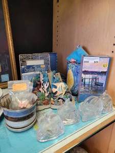 lot 829 image: VINTAGE ONYXMARBLESILVER APPETIZER PICKS SETS, FISHOCEAN FIGURINES, PHOTO FRAME, GLASS FIGURINES AND MORE AS SHOWN.