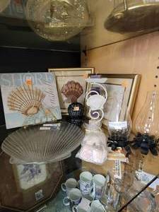 lot 837 image: CANDLE HOLDERS, WALL ART, PLATTER, SEASHELLS, FRAMED NEEDLEPOINT AND MORE AS SHOWN.