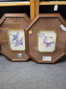 lot 838 image: LOT OF 2 OCTAGONAL WOOD FRAMED DUCK PRINTS AS SHOWN.