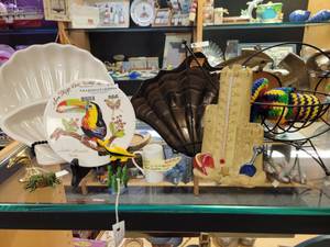 lot 866 image: CERAMIC SEASHELL DISH, THERMOMETER, FISH WIRE BASKET, BRASS DOLPHIN AND MORE AS SHOWN.