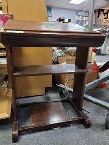 lot 883 image: VINTAGE WOODEN STUDENT DESK STYLE WORKDESK AS SHOWN.