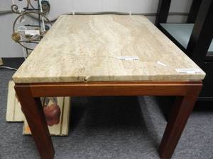 lot 916 image: WOOD BASE WITH MARBLE TOP SIDEACCENT TABLE IN STYLECOLOR SHOWN. TOP SHOWS DAMAGE, SEE PICTURES.