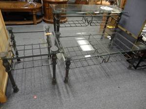 lot 924 image: SET OF 3 ASHLEY FURNITURE METAL FRAME WITH GLASS TOP TABLES IN STYLECOLOR SHOWN. LIKE-NEW CONDITION. CHECK THESE OUT