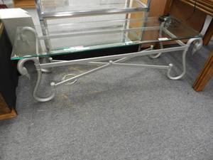 lot 926 image: METAL FRAME WITH GLASS TOP COFFEE   ACCENT TABLE WITH DUCK ENDS DESIGN AS SHOWN.