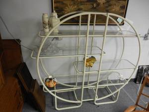 lot 967 image: ORIENTAL-STYLE METAL FRAME WITH GLASS SHELVES DISPLAY UNIT IN STYLECOLOR SHOWN. CONTENTS SHOWN NOT INCLUDED