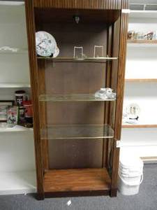 lot 971 image: WOODEN FRAME DISPLAY UNIT WITH GLASS SHELVES IN STYLECOLOR SHOWN. CONTENTS SHOWN NOT INCLUDED