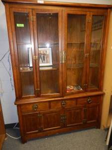 lot 1121 image: VINTAGE CHINA CABINET WITH GLASS DOORS IN STYLECOLORCONDITION SHOWN. CONTENTS SHOWN NOT INCLUDED (DELAYED PICK UP BETWEEN 200 PM AND 400 PM)