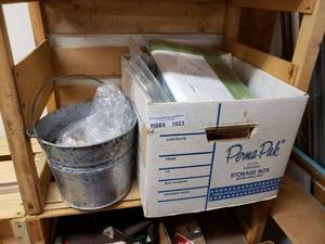 lot 1023 image: LOT OF MISCELLANEOUS ITEMS INCLUDING GAVANIZED BUCKET, VINTAGE CLOTHING AND MORE AS SHOWN.