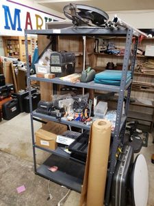 lot 1104 image: 5-TIER METAL SHELVING UNIT AS SHOWN. CONTENTS SHOWN NOT INCLUDED (DELAYED PICK UP BETWEEN 200 PM AND 400 PM)