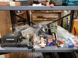 lot 1105 image: BATTERY CHARGER, TAPE MEASURE, HARWARE, SLEDGEHAMMER AND MORE AS SHOWN.