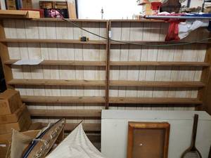 lot 1109 image: WOODEN SHELVING UNIT AS SHOWN. CONTENTS SHOWN NOT INCLUDED (DELAYED PICK UP BETWEEN 200 PM AND 400 PM)