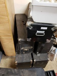 lot 1173 image: LOT OF MOVIE SCREENS AND STANDS IN STORAGE BOXES AS SHOWN.