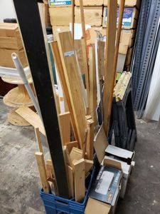 lot 1295 image: PORTABLE HEATERS, SAWHORSES, AND LOT OF ASSORTED WOOD AS SHOWN.