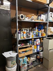 lot 1296 image: METAL SHELVING UNIT AS SHOWN. CONTENTS NOT INCLUDED (DELAYED PICK UP BETWEEN 200 PM AND 400 PM)