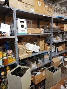 lot 1301 image: METAL SHELVING UNIT AS SHOWN. CONTENTS NOT INCLUDED (DELAYED PICK UP BETWEEN 200 PM AND 400 PM)
