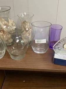 lot 1388 image: GLASS VASES AND CLOCK AS SHOWN.