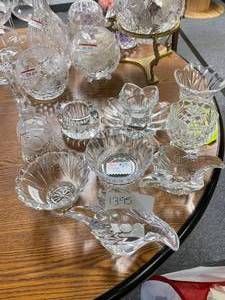 lot 1395 image: LOT OF CRYSTAL CANDLE HOLDERS, BELL AND MORE AS SHOWN.