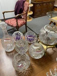 lot 1396 image: CRYSTAL CANDLE HOLDERS AND DECANTER AS SHOWN.