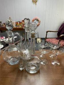 lot 1398 image: GLASS DECANTERS, GOBLETS AS SHOWN.