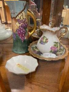 lot 1407 image: ARDCO-DALLAS PITCHER AND BOWL PLUS HELLEN EZELL HANDPAINTED PITCHER AS SHOWN.