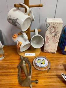 lot 1425 image: COFFEE CUPS WITH HOLDER, BRASS KNOCKER AND MORE AS SHOWN.