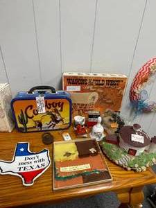 lot 1426 image: WAGONS OF THE OLD WEST WOODEN KIT, COWBOY LUNCHBOX AND MORE AS SHOWN.