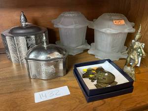 lot 1432 image: VINTAGE BRASS ORNAMENTS, OVAL SILVER JEWEL BOX, AND MORE AS SHOWN.